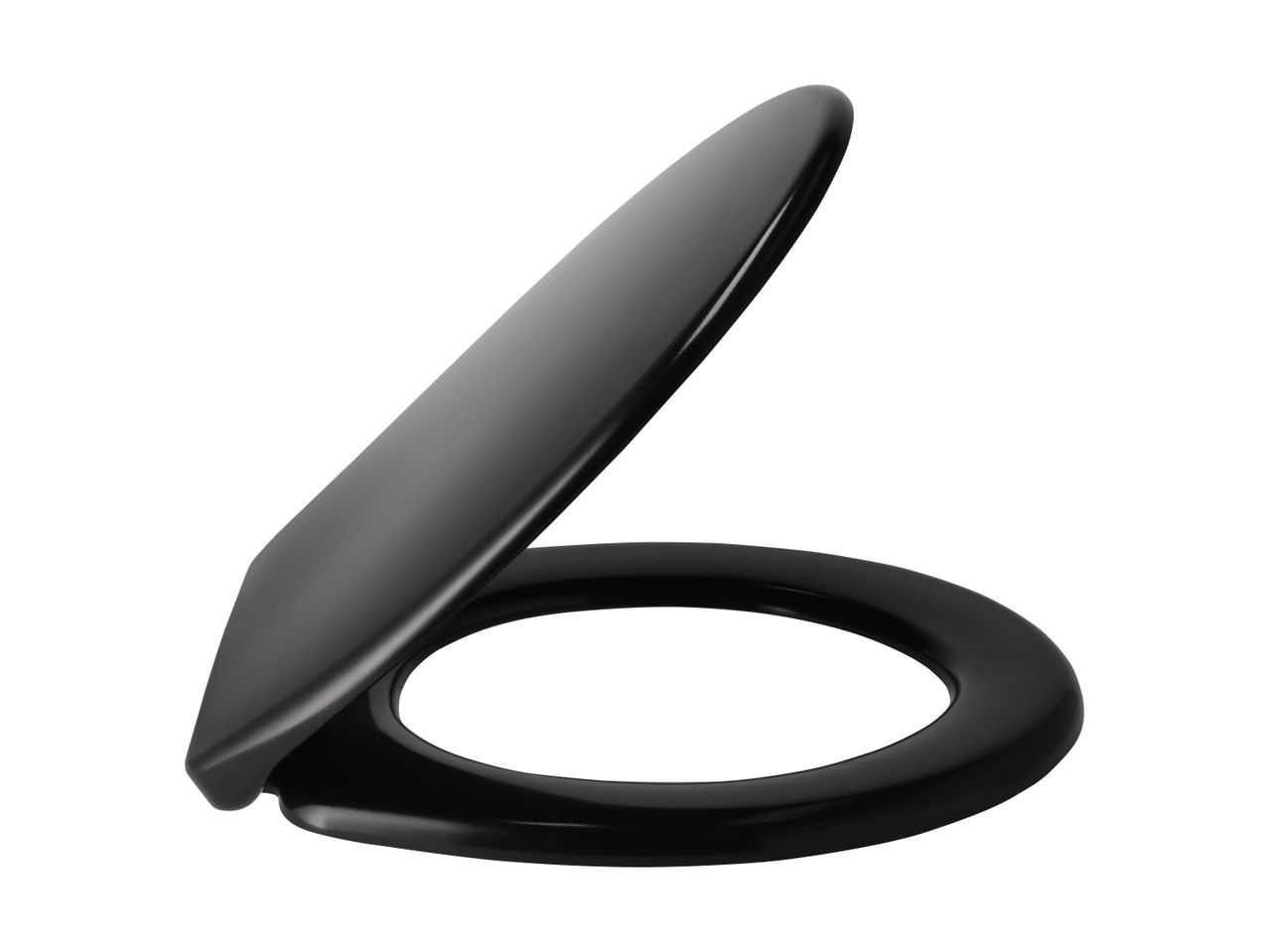 Black toilet seat with lid, partially open, isolated on a white background.