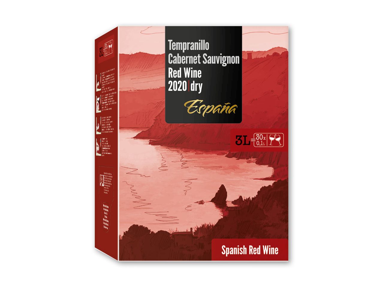 En rødvinsemballage med teksten 'Tempranillo Cabernet Sauvignon Red Wine 2020 dry España' og 'Spanish Red Wine'.