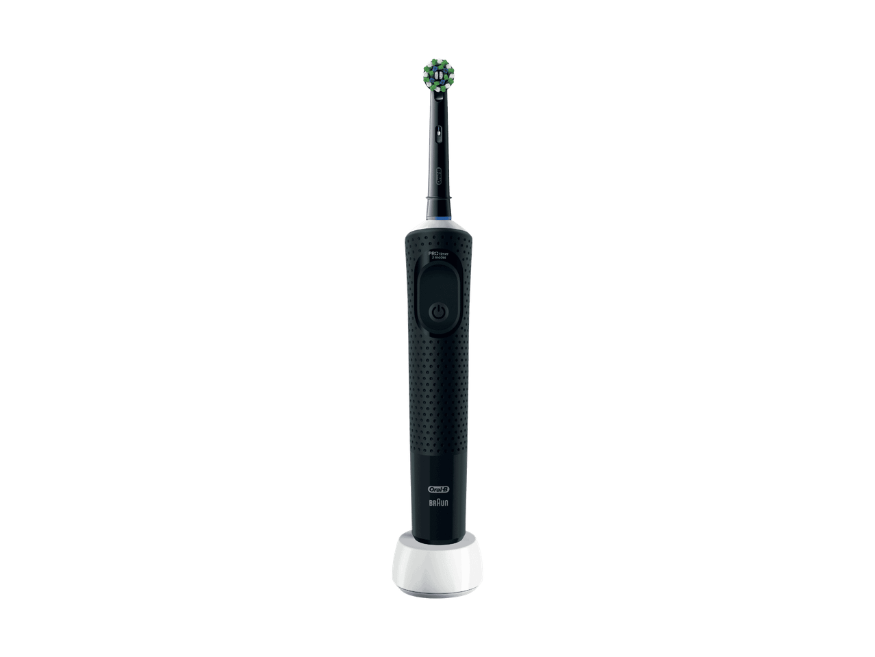 Brosse à dents électrique noire avec tête de brosse verte et blanche sur une base de chargement blanche