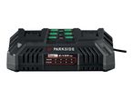 A black Parkside X20V Team battery charger with charging time information.
