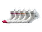 Five pairs of white ankle socks with colored stripes and toes: pink, orange, and gray.