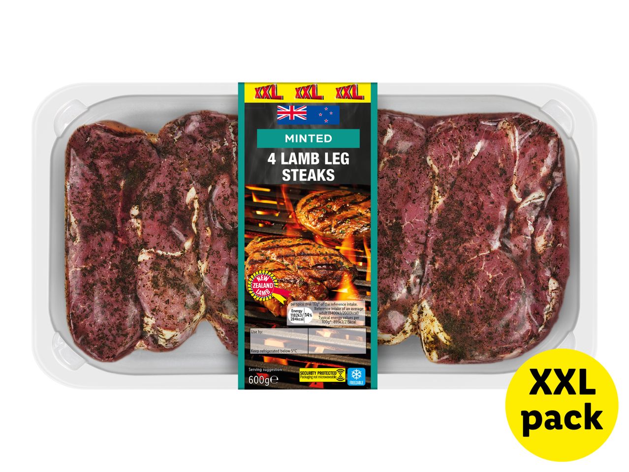 Minted lamb leg steaks in an XXL pack, with grilling suggestion and nutritional information.