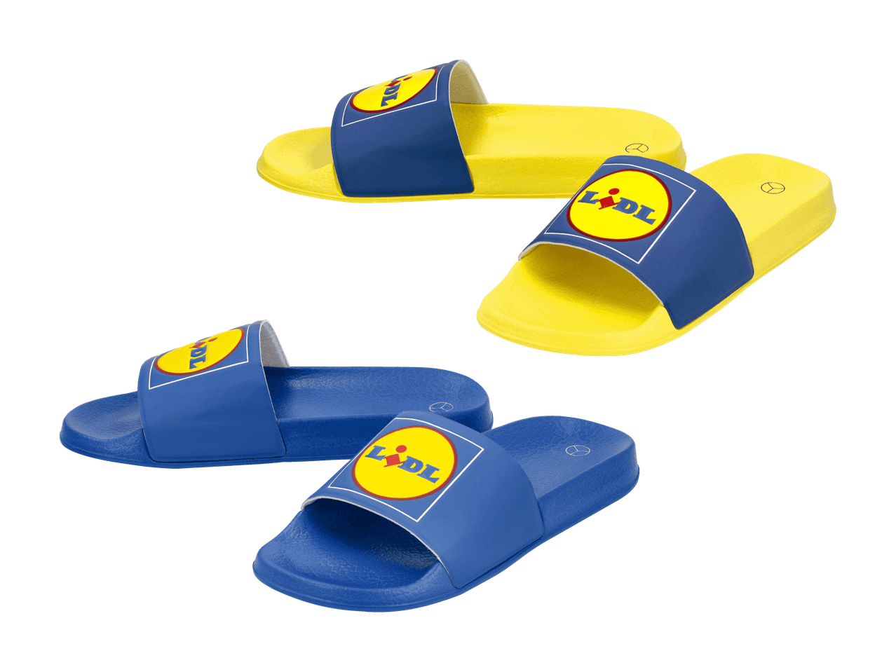 Quatre claquettes de piscine, deux bleues et deux jaunes, avec un logo circulaire.