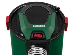 Parkside dust container, green, with black lid and red switch.