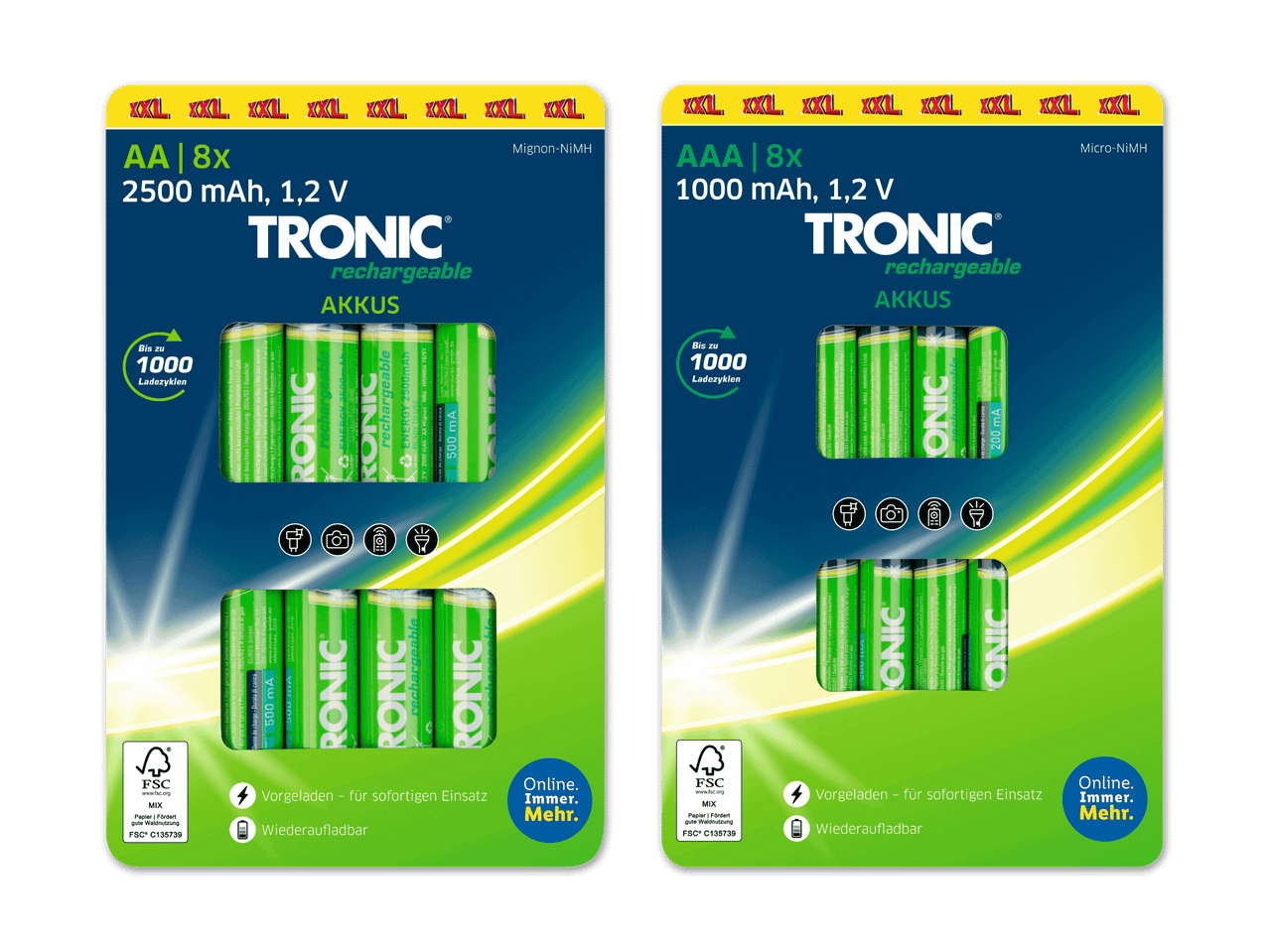 Zwei Packungen Tronic wiederaufladbare Batterien (AA und AAA) mit Spezifikationen.