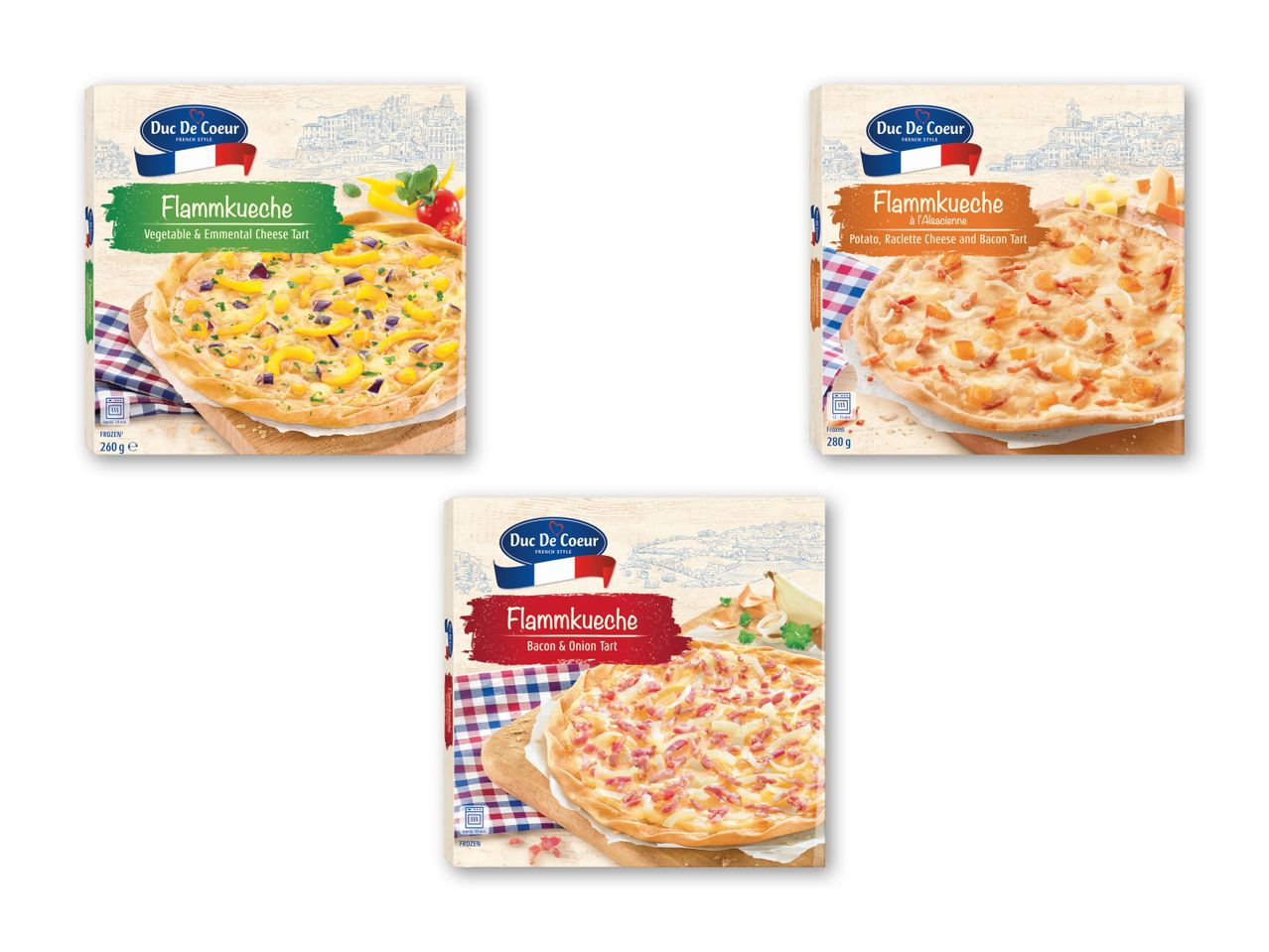 Tre Flammkuchen-pakker: grøntsager og Emmentaler, kartoffel, racletteost og bacon samt bacon og løg.