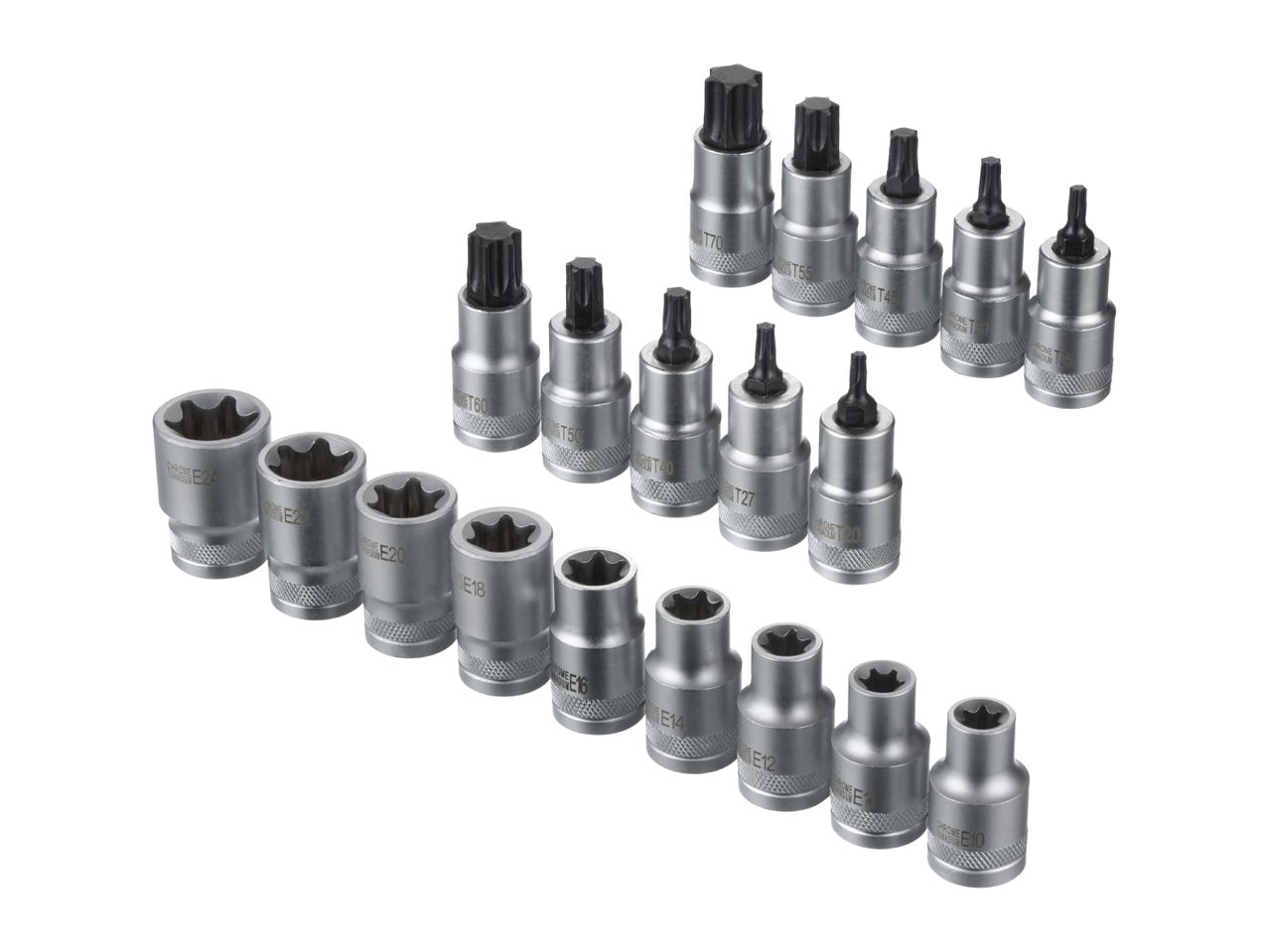 A set of chrome vanadium Torx and E-Torx sockets.