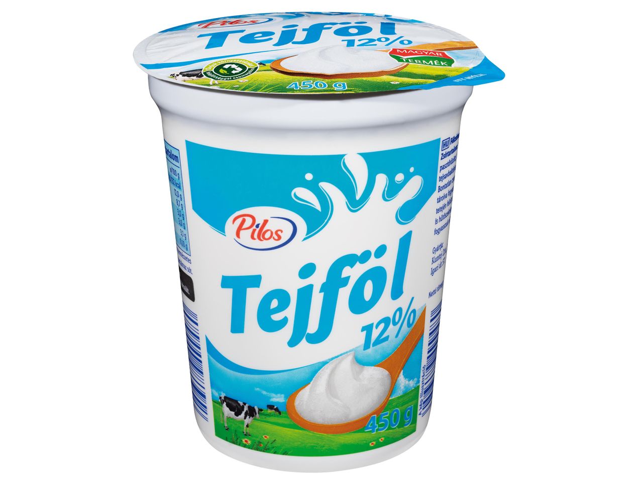 Pilos Tejföl 12% zsírtartalommal, 450g-os kiszerelésben, kanállal és tehenekkel a csomagoláson.