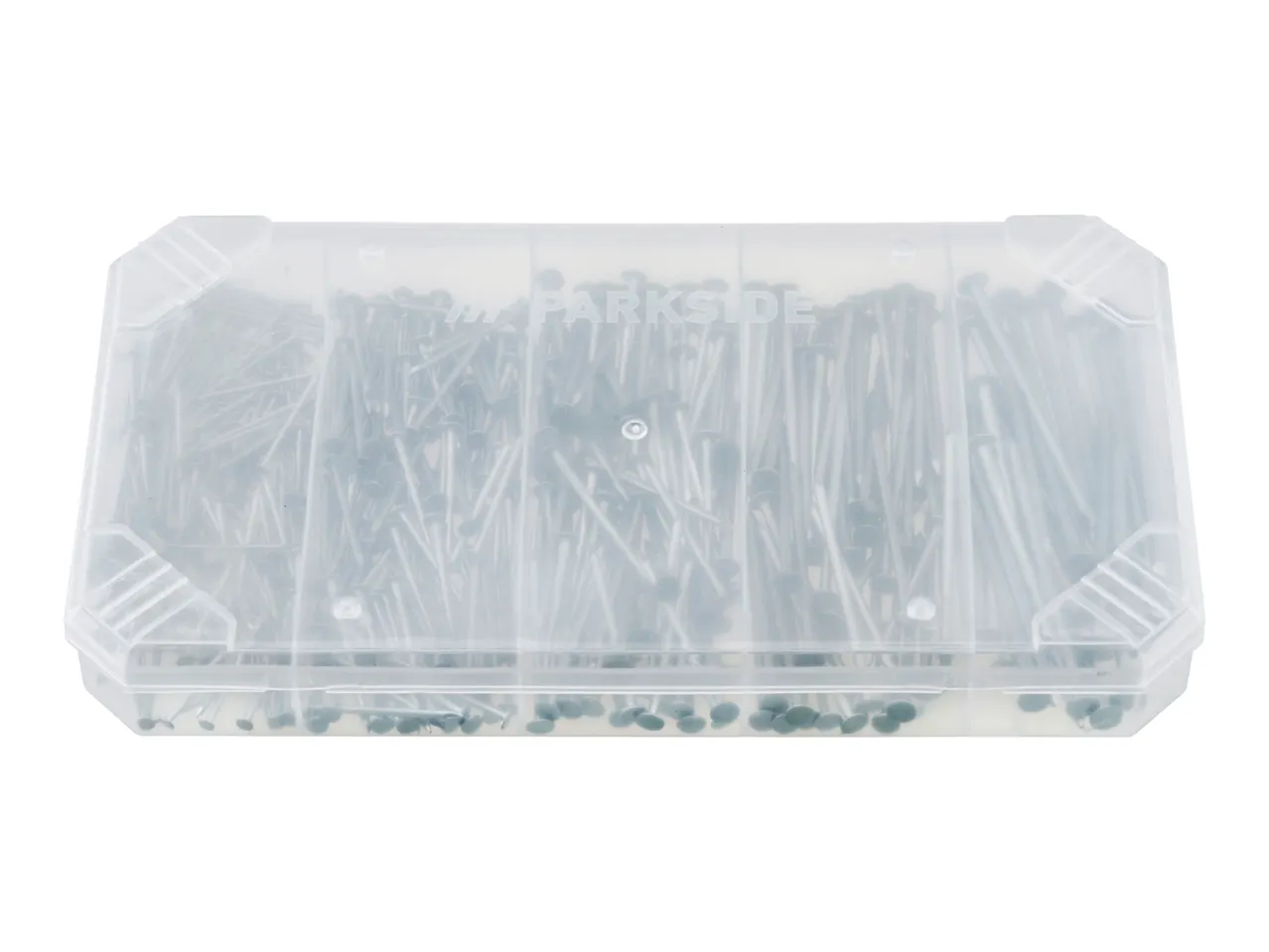 A transparent plastic organizer box filled with various sizes of nails, with a visible logo on the lid.