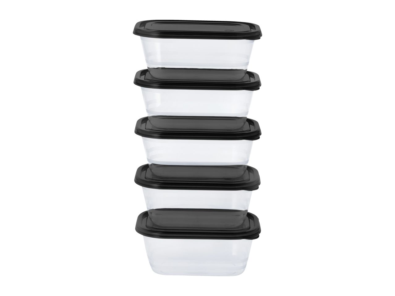 Stack of six rectangular clear food storage containers with black lids.