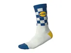 White, blue, and yellow checkered sock with a circular logo on the ankle.