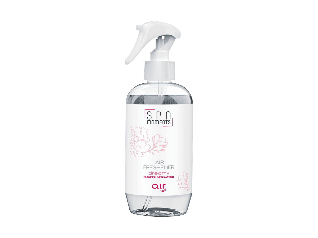 Un flacon de spray d'ambiance Spa Moments avec une étiquette blanche et des fleurs roses.