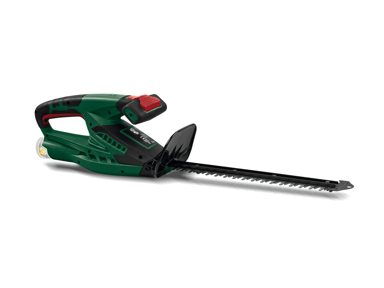 Elektriskais dzīvžogu griezējs, zaļš un melns.