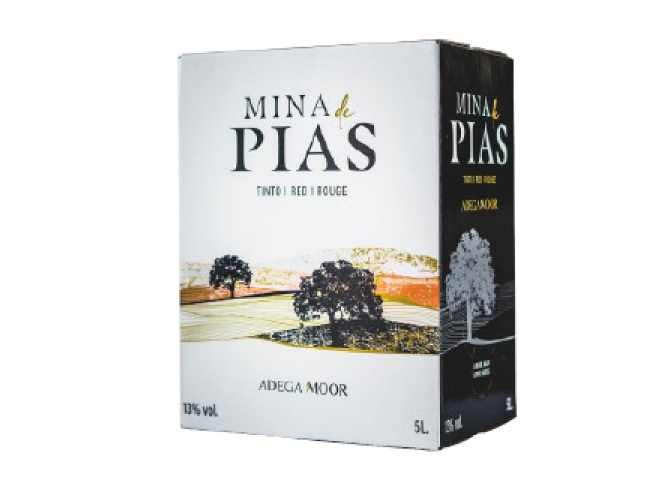Caixa de vinho tinto de 5L com 13% vol., com paisagem de árvores e texto 'MINA de PIAS TINTO | RED | ROUGE ADEGA MOOR'.