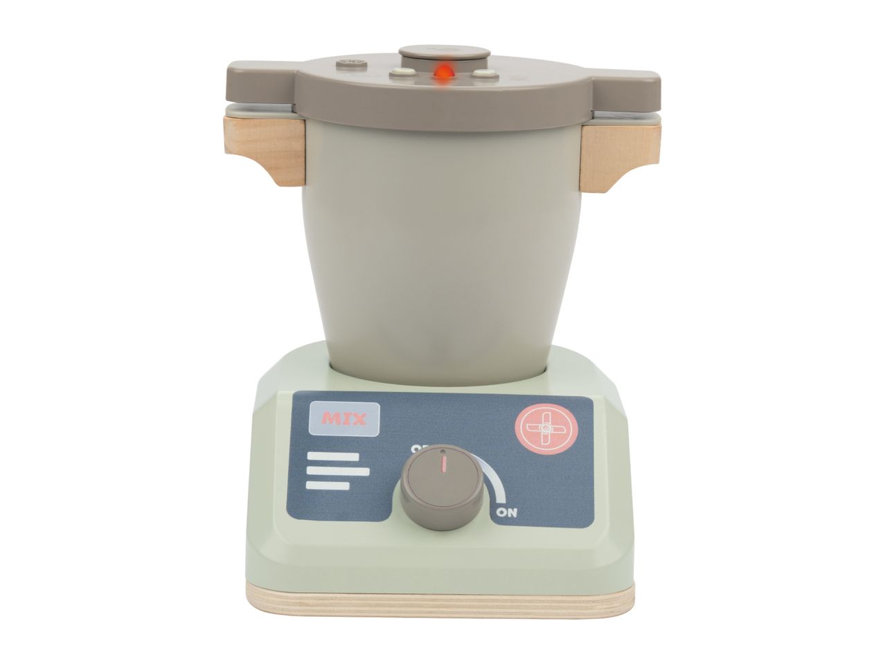 A light green and grey toy blender with a red light, a dial, and 'MIX' and 'ON' labels.