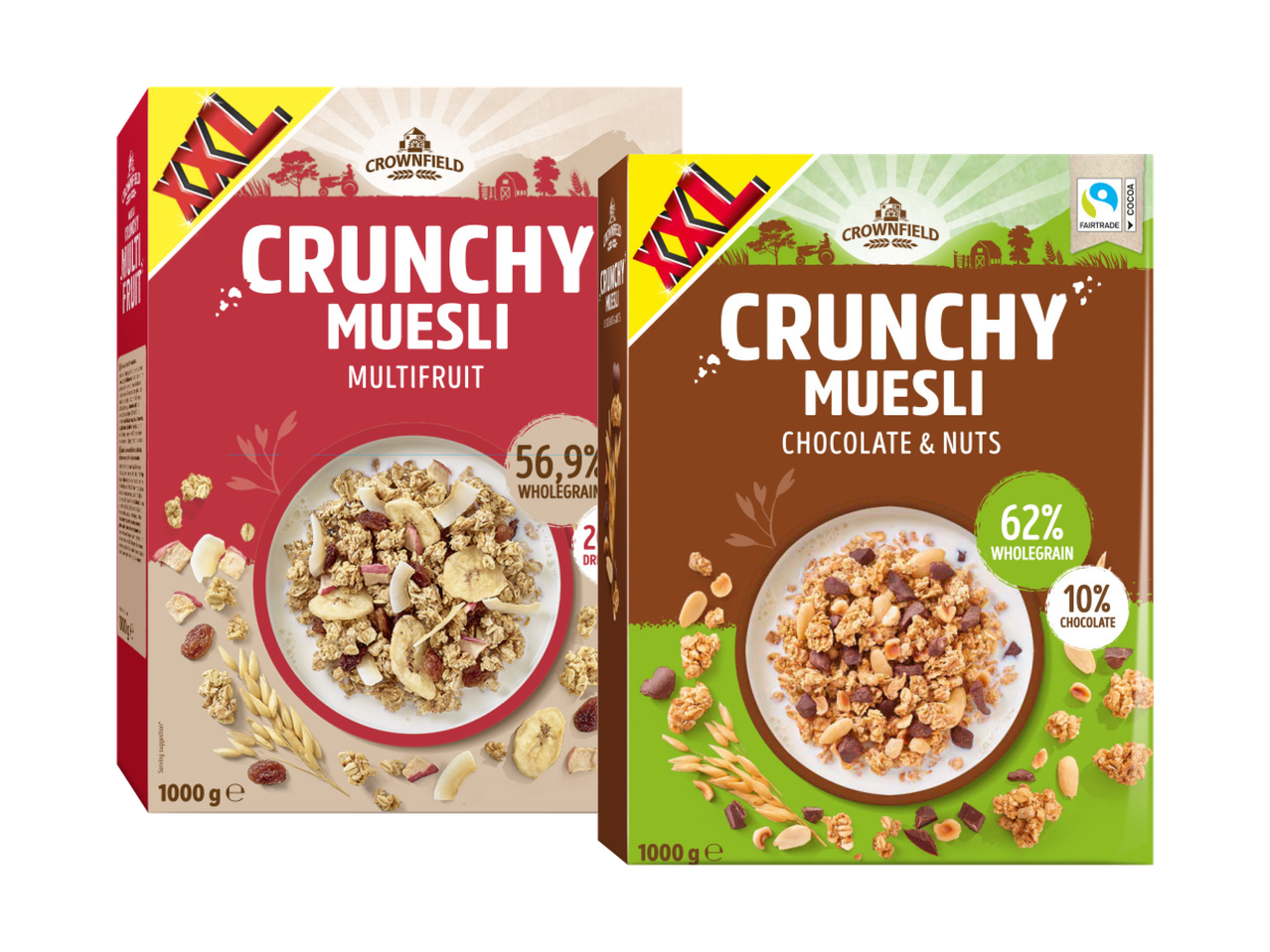 Due confezioni di muesli croccante: multifrutta e cioccolato e noci.