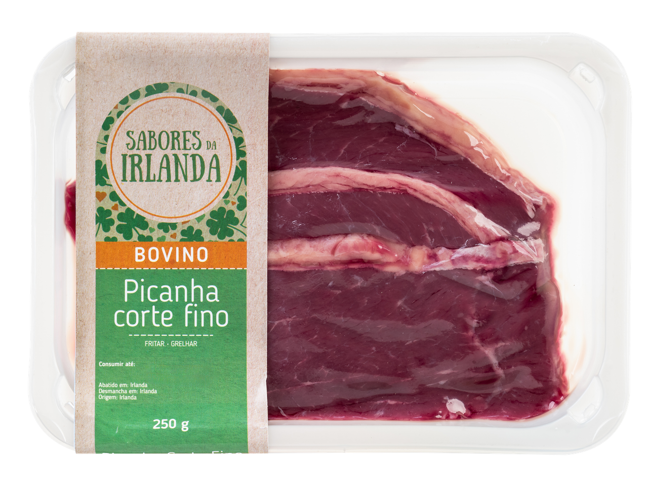 Picanha de bovino de corte fino, 250g, com origem na Irlanda, em embalagem de plástico.