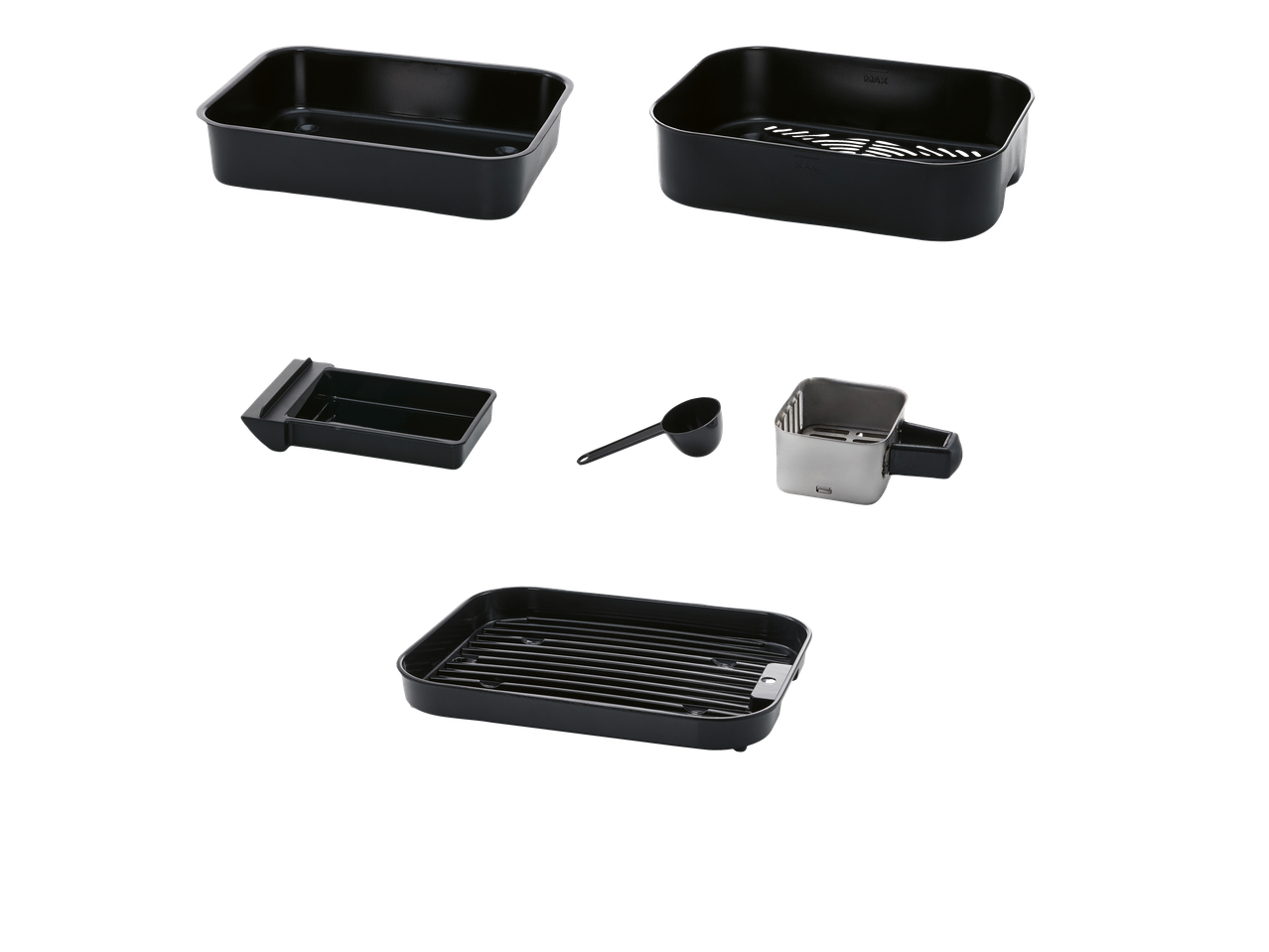 Various kitchen accessories including baking pans, a grill rack, and measuring tools.