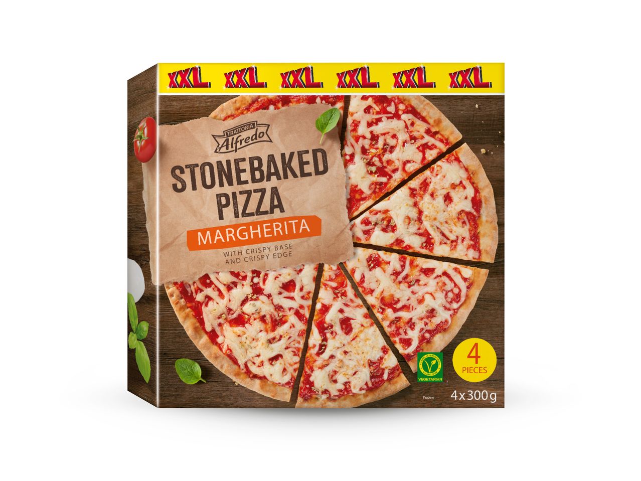 Kutija smrznute pizze Alfredo Stonebaked Margherita s natpisom 'XXL' i '4x300g'.