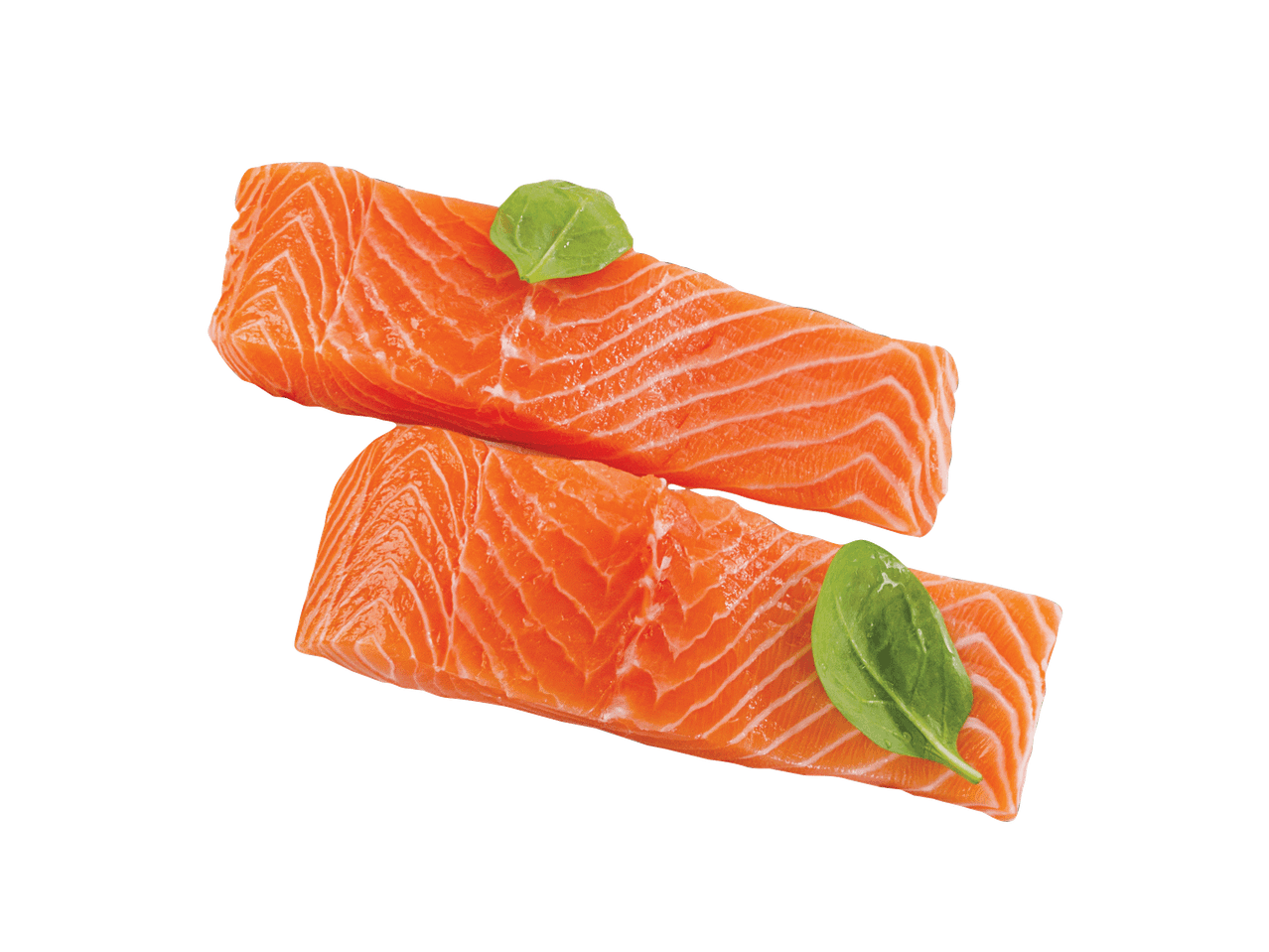 Kaks toorest lõhefileed rohelise ürdiga mustal taustal.