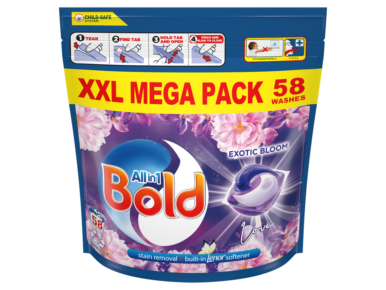 Bold All in 1 laundry capsules with Lenor softener, Exotic Bloom scent, XXL pack (58 washes).