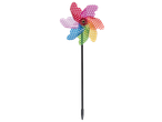 Colorful pinwheel with heart-shaped blades and a triangular pattern on a black background.