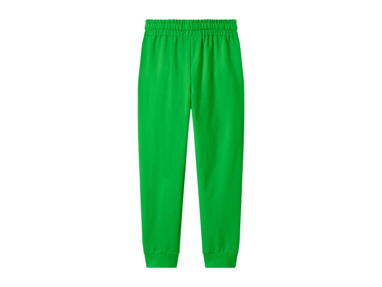 Green sweatpants with an elastic waistband and ribbed cuffs.