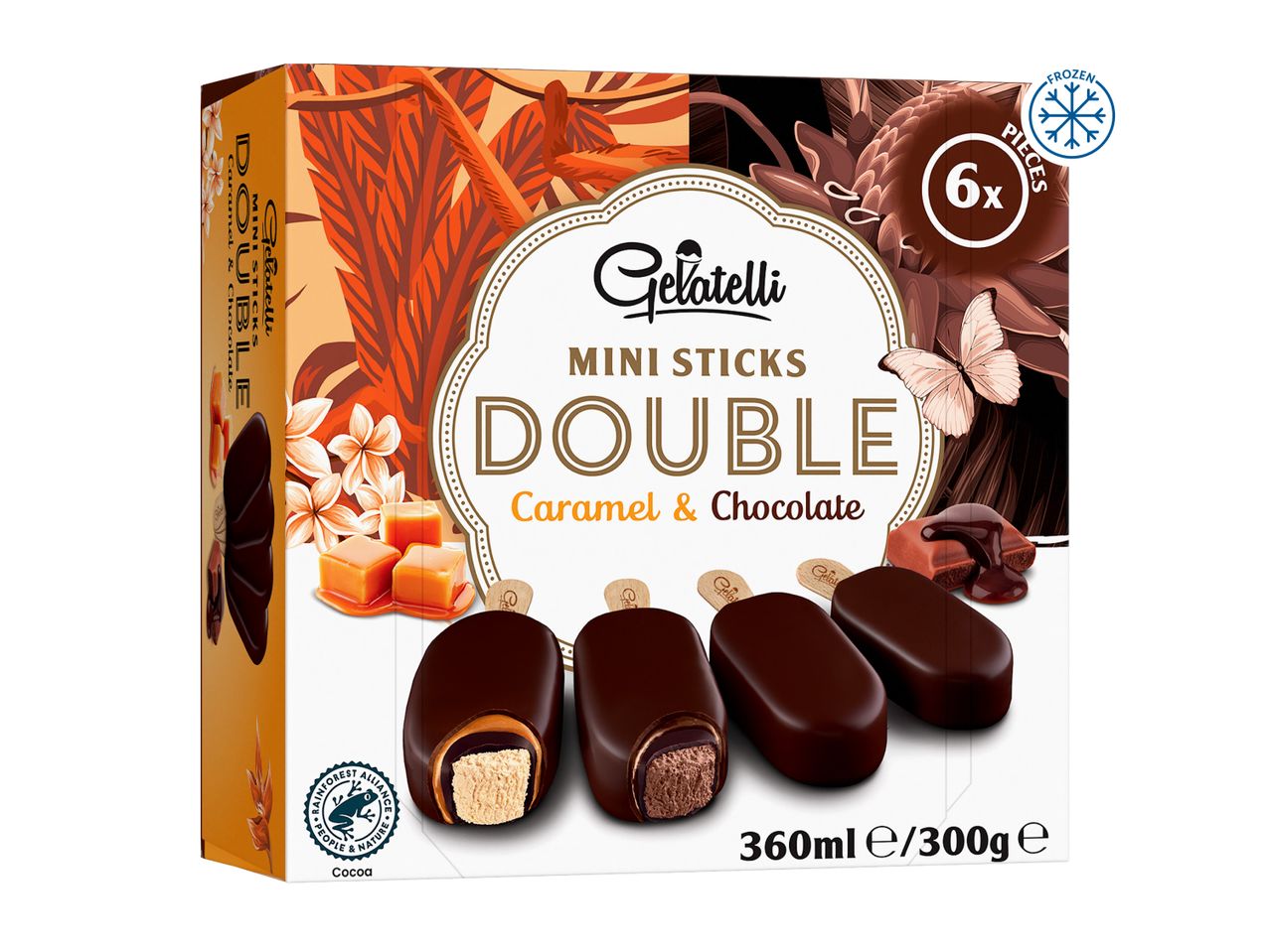 Box of 6 mini caramel and chocolate ice cream sticks, with a tropical leaf and butterfly design.