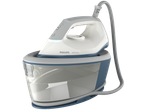 Philips 2000 Series steam generator iron with station, white and blue, on a black background.