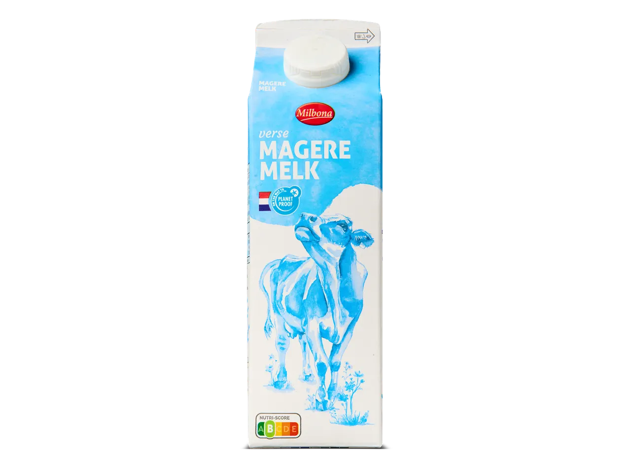Een pak magere melk met een blauw-witte koe-illustratie en Nutri-Score A.