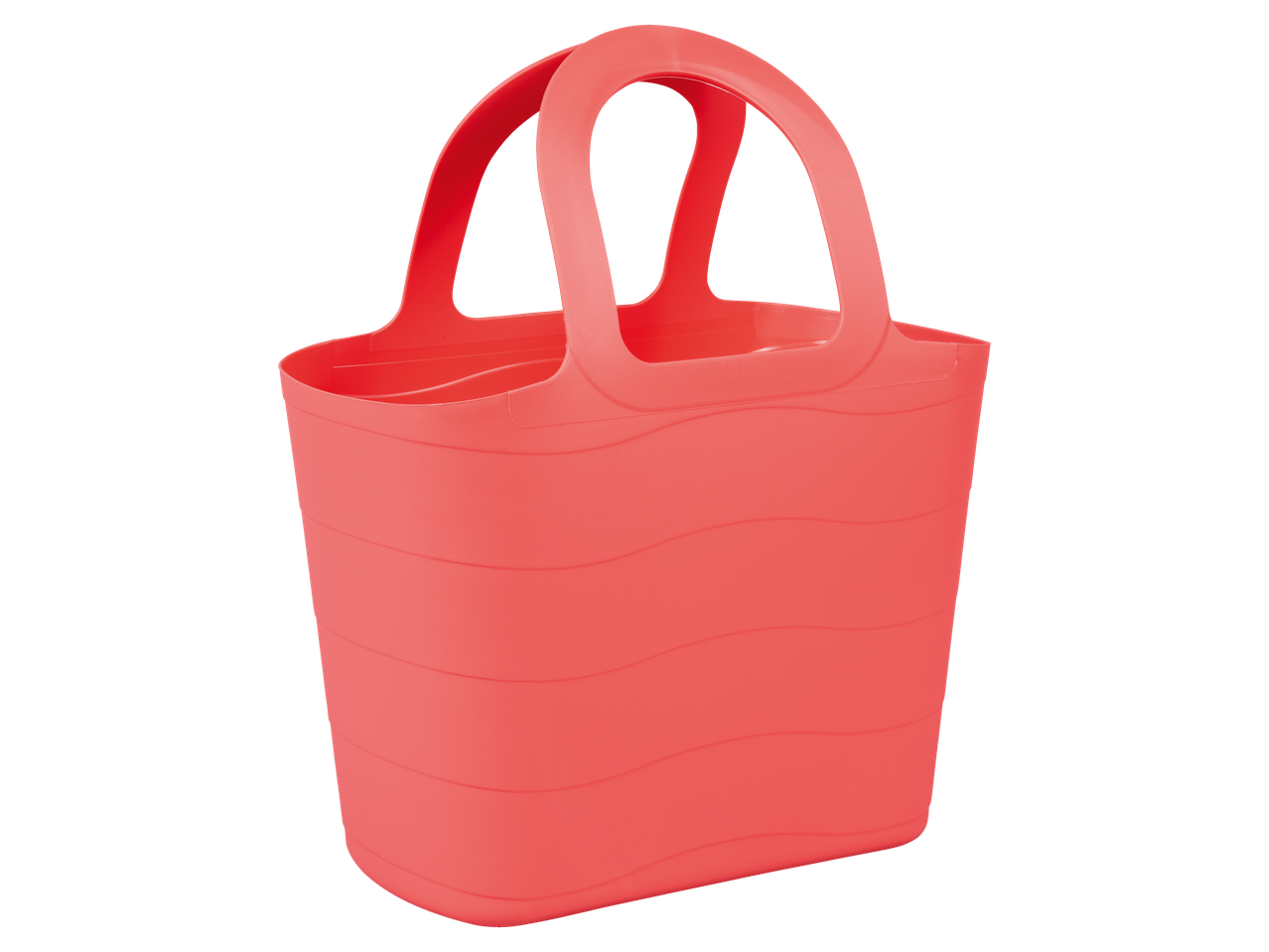 A coral-colored plastic tote bag with handles.