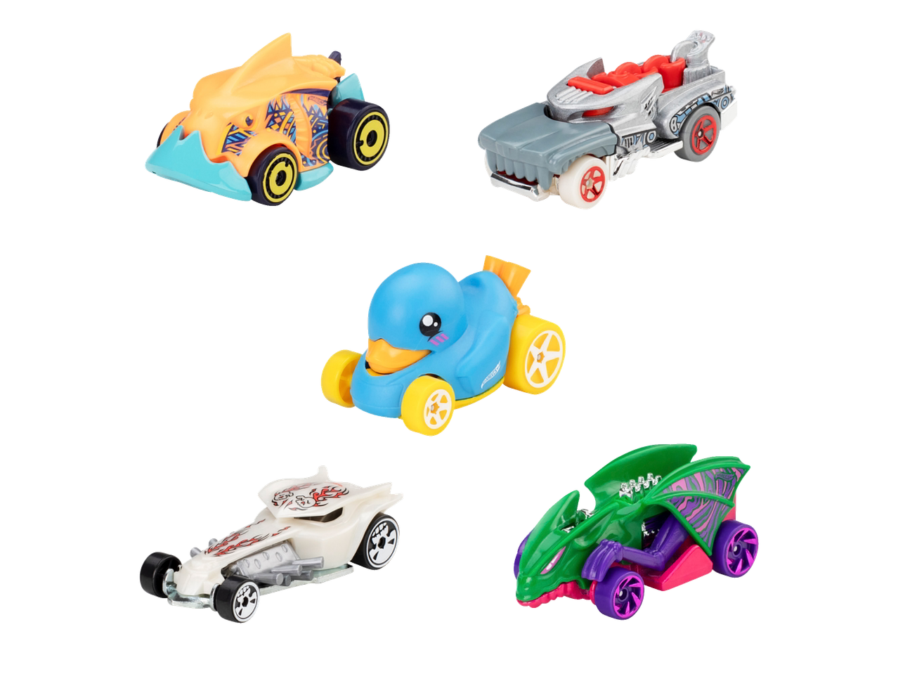 Five Hot Wheels cars: orange shark, grey monster truck, blue duck, white hot rod, green dragon.