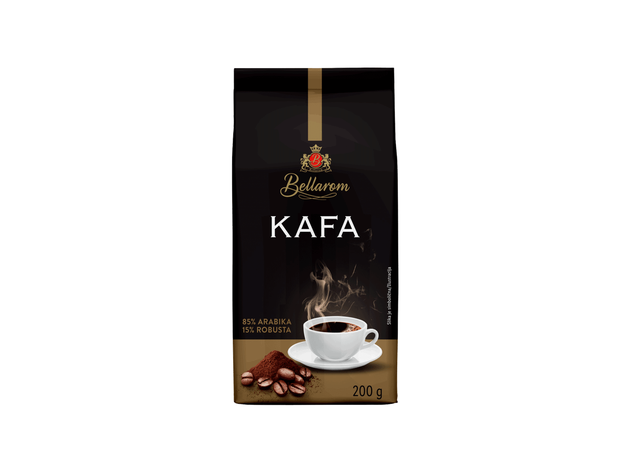 Crno pakovanje kafe sa šoljicom kafe, zrnima i mlevenom kafom, 85% arabika, 15% robusta, 200g.
