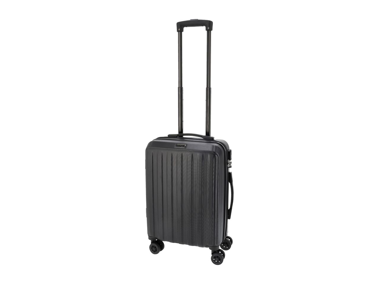 Black hard-shell carry-on suitcase with an extended telescopic handle and four wheels