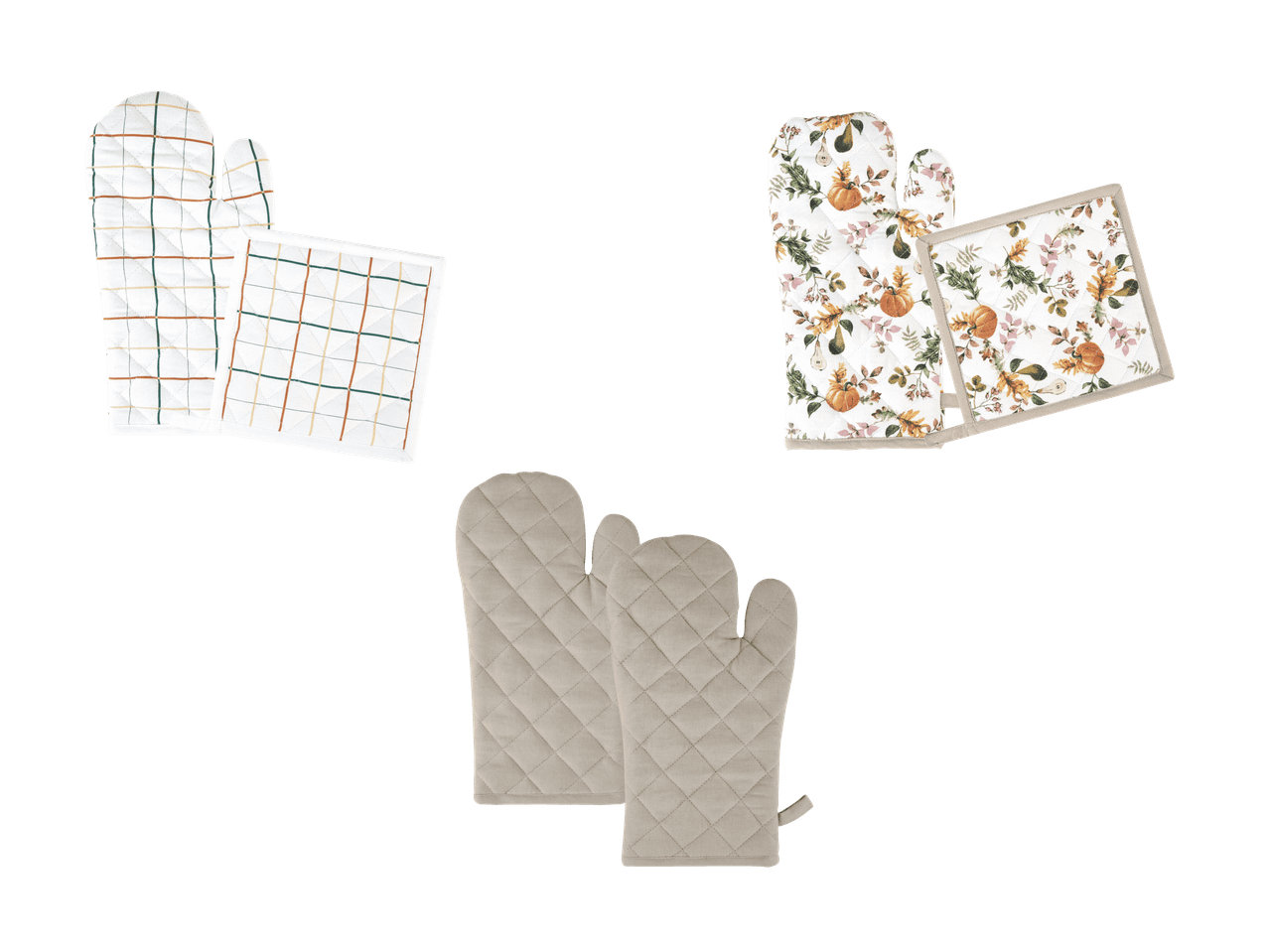 Gants de cuisine et maniques en trois motifs: à carreaux, floral et uni.