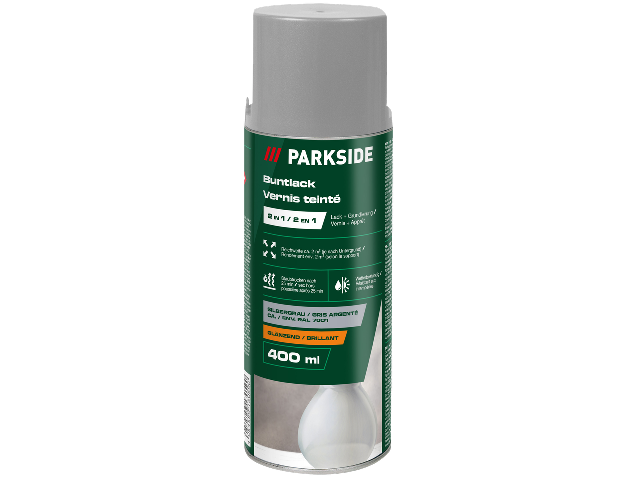 Zilvergrijze spuitverf met primer, 400 ml, glanzende afwerking, weerbestendig.