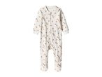 White baby footed sleeper with a brown acorn print and a zipper closure.
