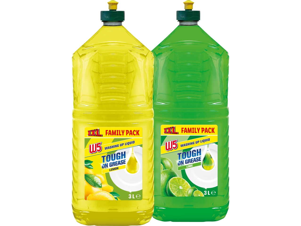 Två XXL-flaskor W5 diskmedel, en med citronsmak och en med limesmak.