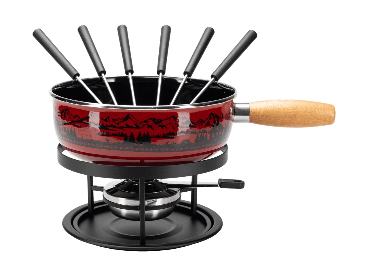 Set fonduta rosso con motivo montano, forchette e bruciatore, su sfondo nero.