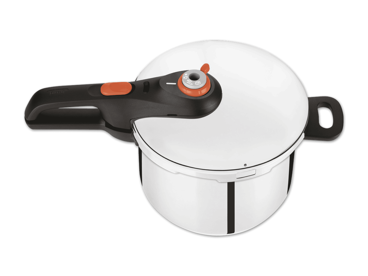 Weißer Tefal Schnellkochtopf mit schwarzem Griff und orangefarbenen Akzenten auf schwarzem Hintergrund.