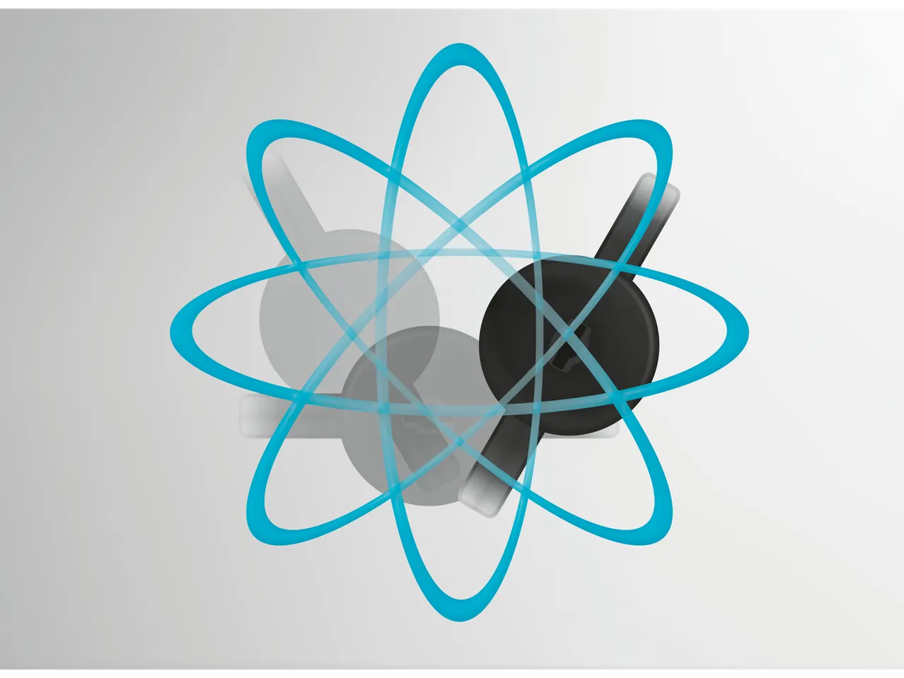 Un atom stilizat cu orbite albastre și un nucleu negru.