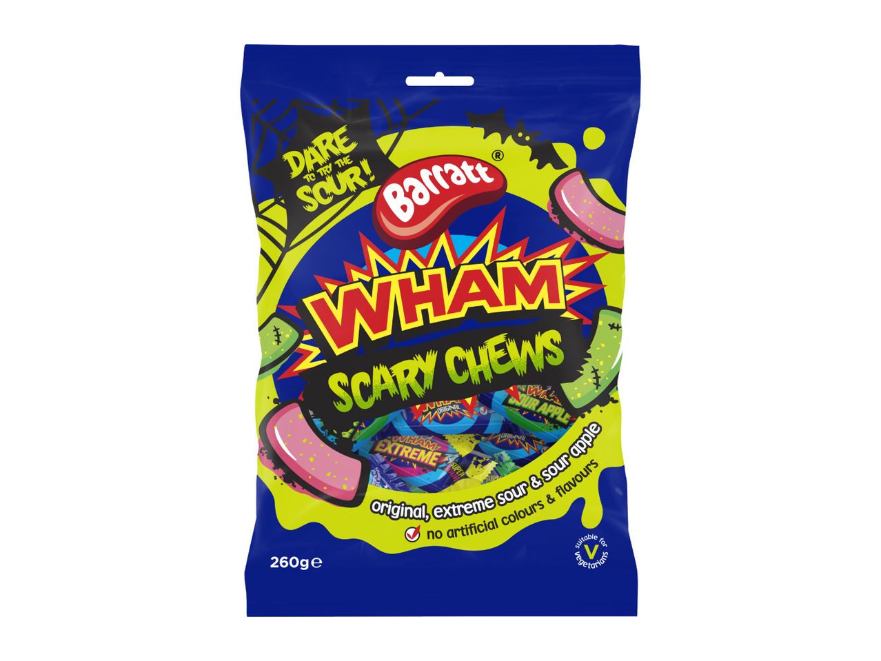 A 260g bag of sour chewy sweets with Halloween-themed packaging.