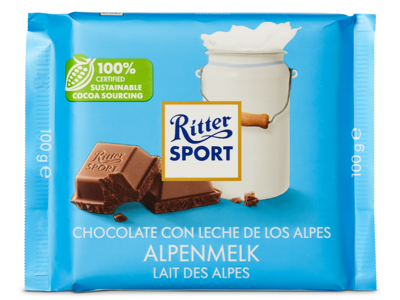 Ritter Sport Alpenmelk chocolade: 100g reep met melkchocolade.