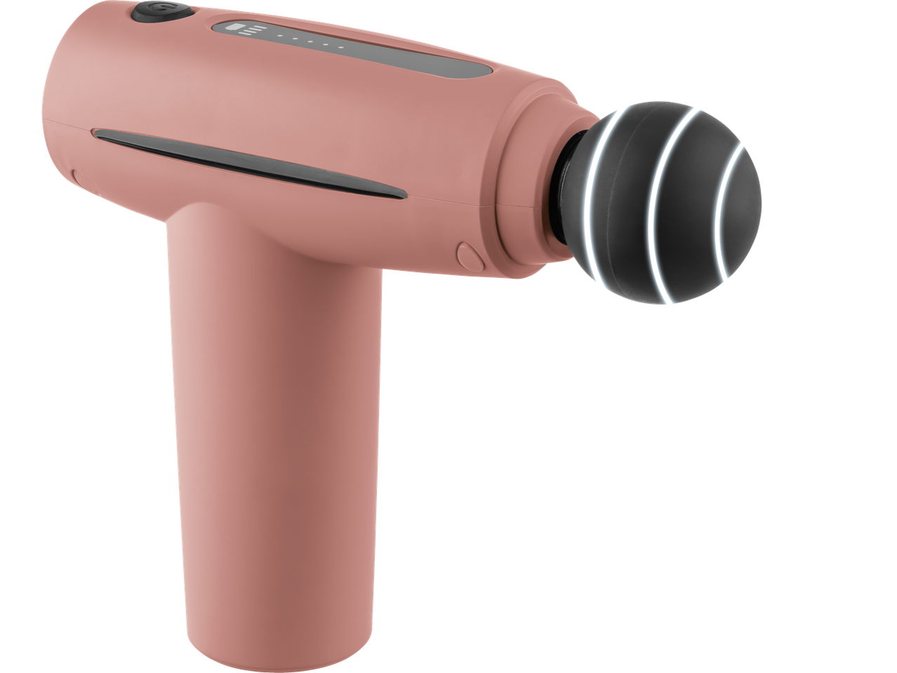CRIVIT Mini Massage Gun in rose gold with a black massage head and glowing white rings.
