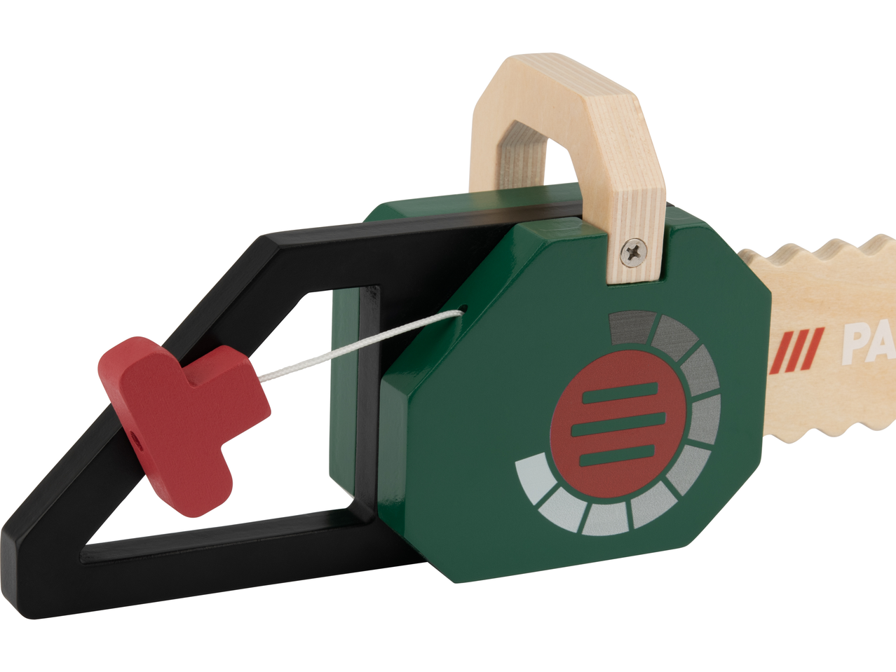 Дрвена дечија моторна тестера са зеленим кућиштем и црвеном дршком