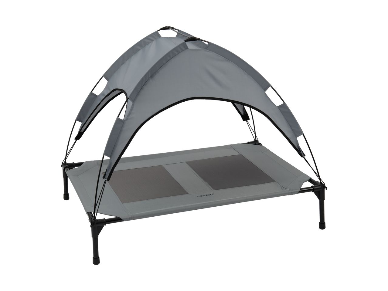 Grey elevated pet bed with a canopy for shade, featuring a mesh sleeping surface.