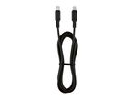 Black USB-C to Lightning cable, coiled and secured with a strap.
