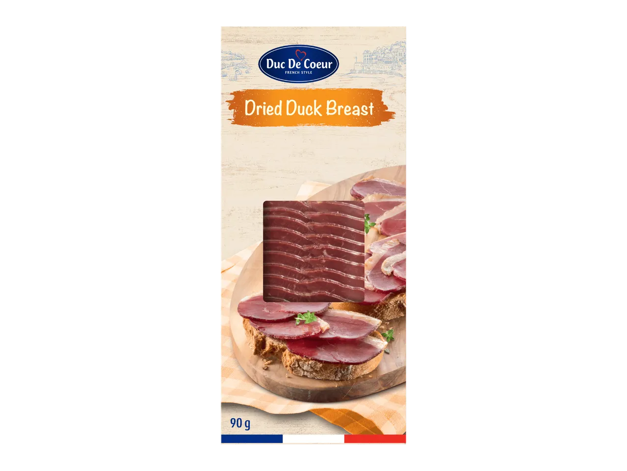 Kuivattua ankanrintaa 90 g pakkauksessa.
