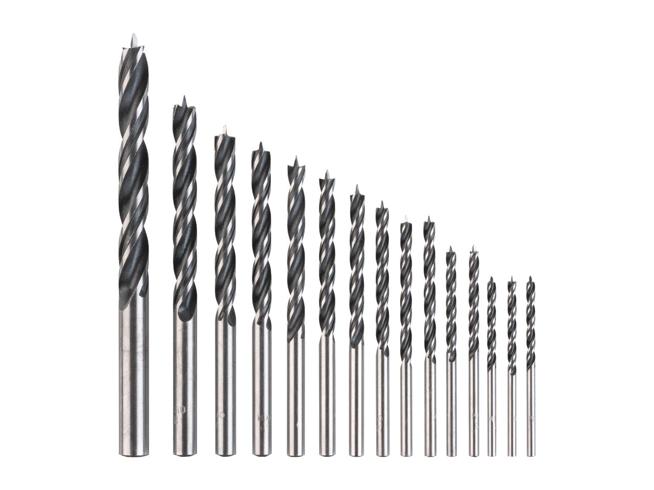 A set of various sized wood drill bits, arranged from largest to smallest.