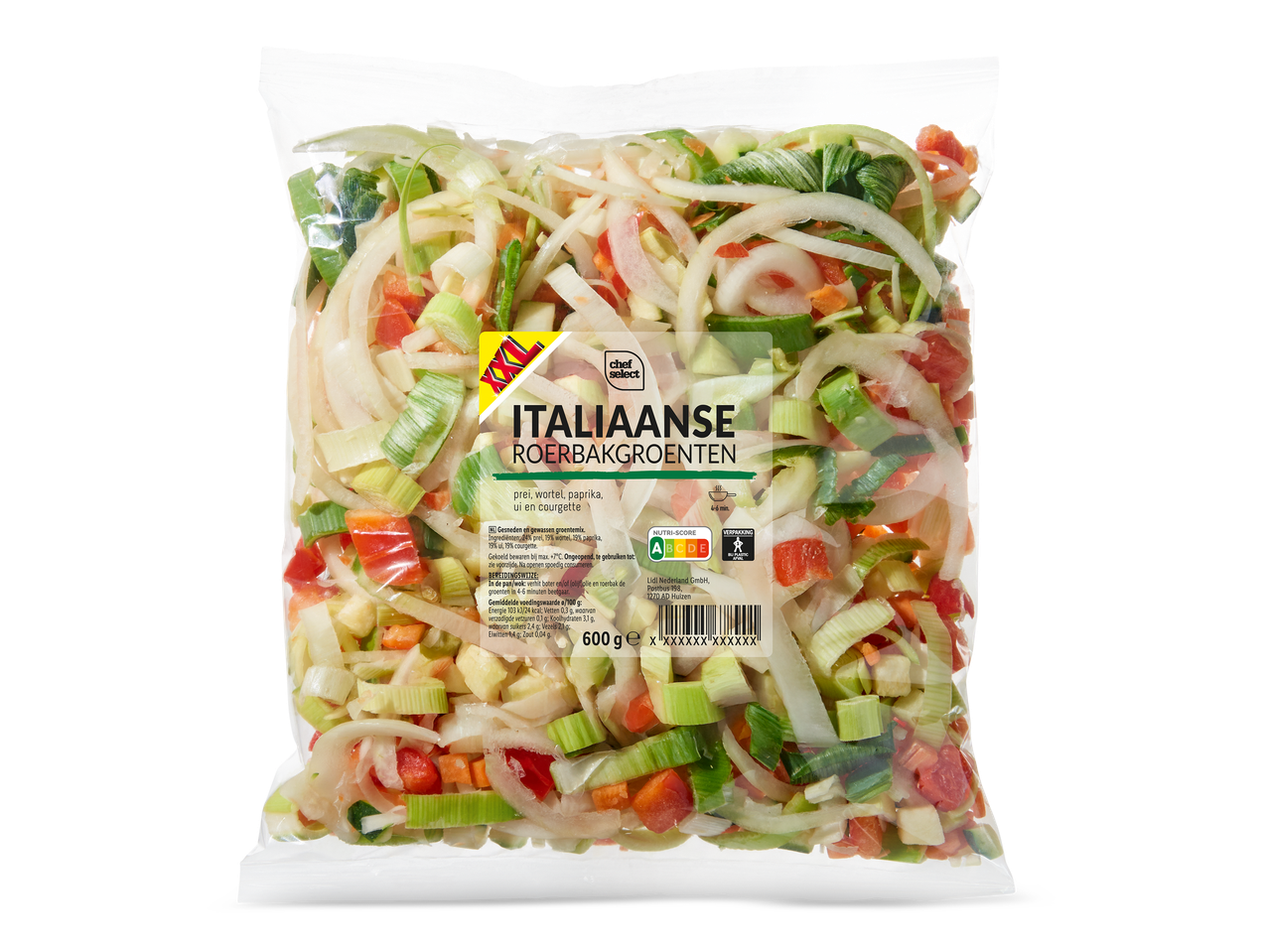 Een zak Italiaanse roerbakgroenten met prei, wortel, paprika, ui en courgette, met voedingsinformatie.